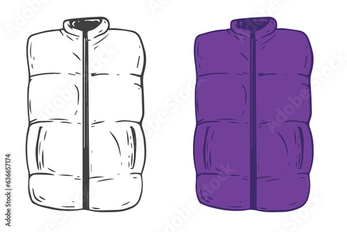 Puffer vest in cartoon hand draw flat style. Fashion unisex casual cloth isolated on white background. Set color and outline element. Vintage vector illustration.