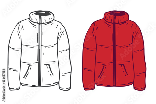 Down jacket in cartoon hand draw flat style. Fashion unisex casual cloth isolated on white background. Set color and outline element. Vintage vector illustration.