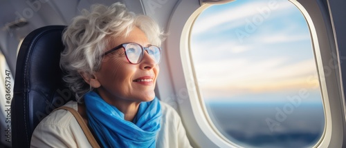 happy mature senior woman in airplane travel, Generative AI