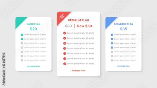 Pricing Table Packages Comparison Infographic Template Design with 3 Subscription Plans