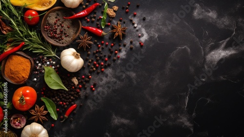 Black stone cooking background. Spices and vegetables. Top view. Free space for your text. Banner