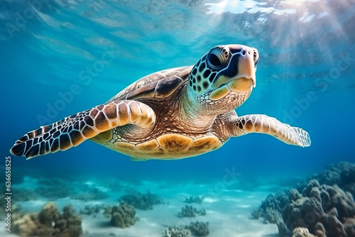 A Turtle underwater in blue ocean. Sea wildlife with tropical corals and fish