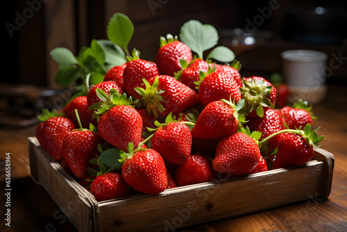 Fresh strawberries in a wooden box on a dark background. Selective focus.