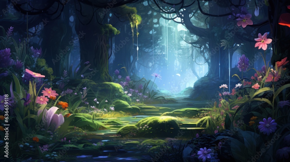 Illustrate a scene where a botanist tends to otherworldly plants, each with unique and magical properties, in a hidden garden game art