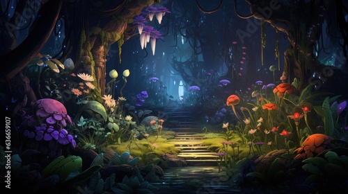 Illustrate a scene where a botanist tends to otherworldly plants, each with unique and magical properties, in a hidden garden game art © Damian Sobczyk