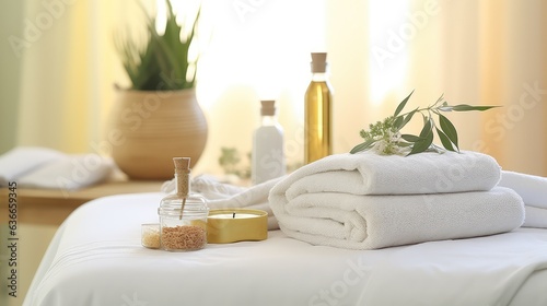 Towels with herbal bags and beauty treatment items setting in spa center in white room, Generative AI © Onchira
