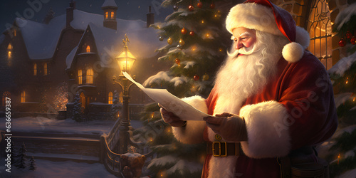  Santa Claus comparing letters with list, Santa Claus checking list of good kids, Santa Claus reading letters from children generative Ai 