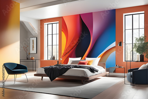 modern living room with fireplace, bed armchair and glass windows in the roo m with colourful paintings -Generative Ai photo