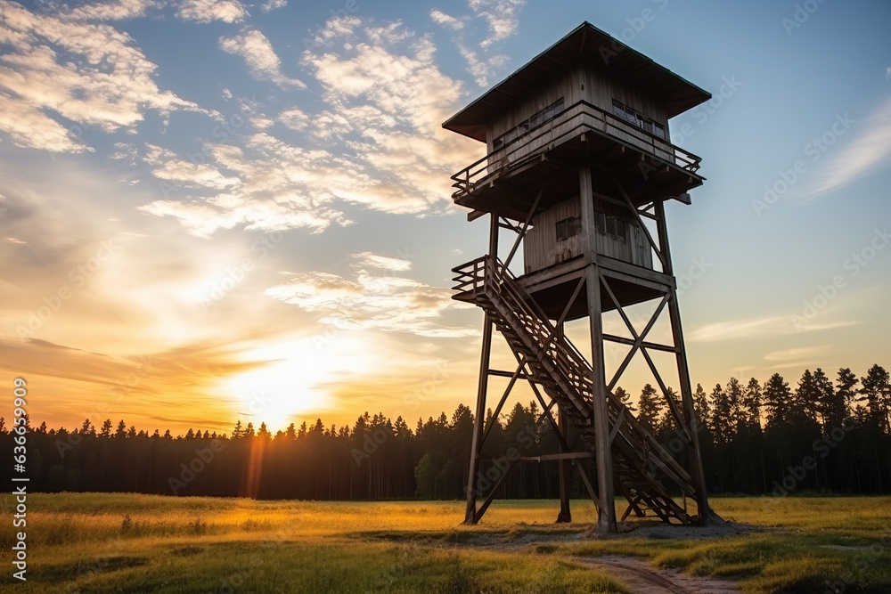 Hunting forest lookout tower in a field at sunset Hunting forest lookout tower in a field at sunset