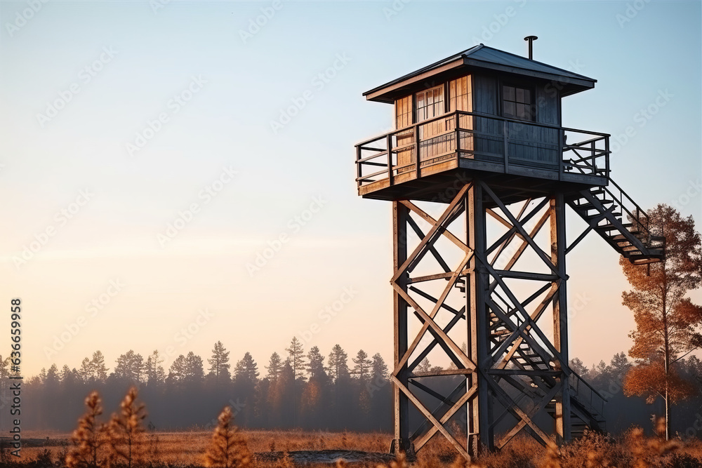 Hunting forest lookout tower in a field at sunset
