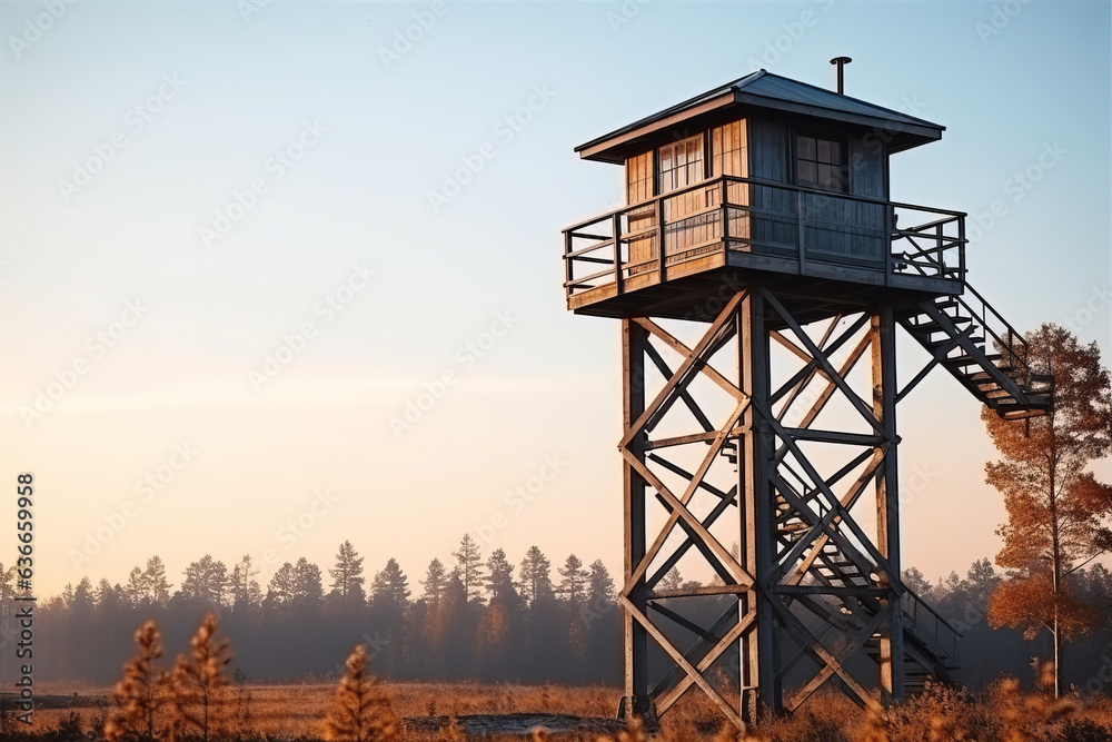 Hunting forest lookout tower in a field at sunset Hunting forest lookout tower in a field at sunset