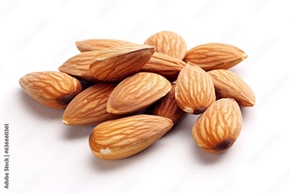 Roasted almonds nuts isolated on white background. Tasty almond nut. Roasted almonds nuts isolated on white background. Tasty almond nut.