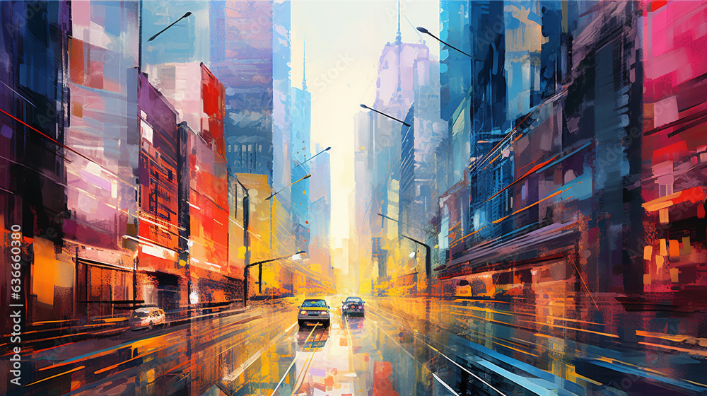 Watercolor painting of abstract cityscape, urban, people, and skyscraper scenes. Digital art illustration. Watercolor painting of abstract cityscape, urban, people, and skyscraper scenes. Digital art illustration.