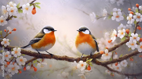 Two little birds sitting on the branch of a blossom flower tree. digital painting style. 