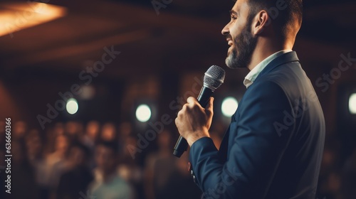 peaker man holding microphone speaking on stage in front of audiences in hall, Generative AI