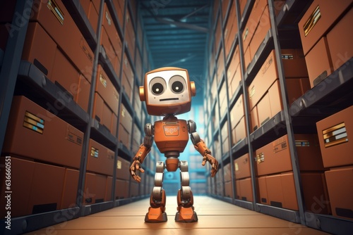 Logistics AI Depicted: Animated Cartoon Robot on Storage Unit photo