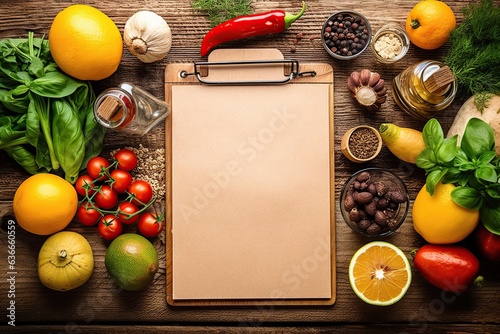 Blank rustic wood menu clipboard, surrounded by cooking ingredients and fruit and vegetables, top view, focus on center, Generative AI photo