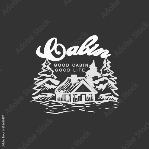 Premium wooden cabin and pine forest on the circle retro vector