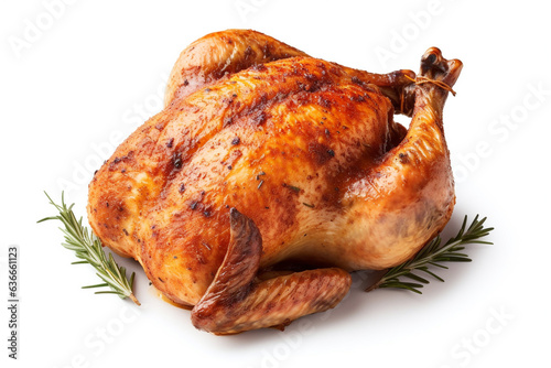 Whole roasted chicken on a white background. Grilled chicken.  photo