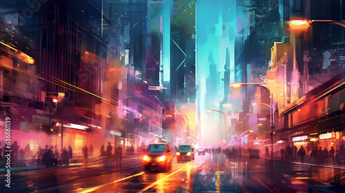 Watercolor painting of abstract cityscape, urban, people, and skyscraper scenes. Digital art illustration. 