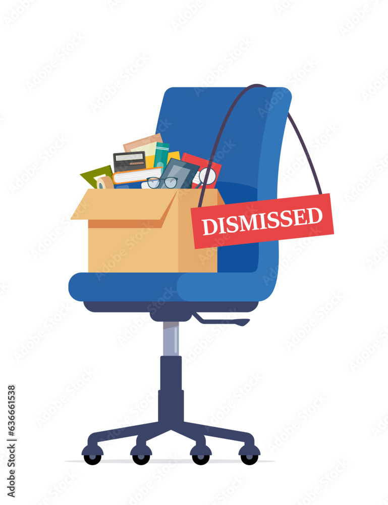 Business chair with box with office things. Dismissed. Fired from job. Vector illustration. Business chair with box with office things. Dismissed. Fired from job. Vector illustration.