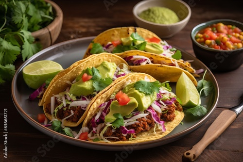  three delicious tacos on a plate, topped with fresh guacamole and spicy salsa
