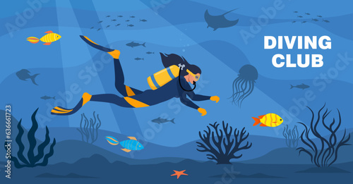 Diving club banner. Diver with diving equipment swims in the sea. Seascape banner with woman underwater. Girl wearing wetsuit with oxygen tank and fins. Underwater world. Vector illustration.