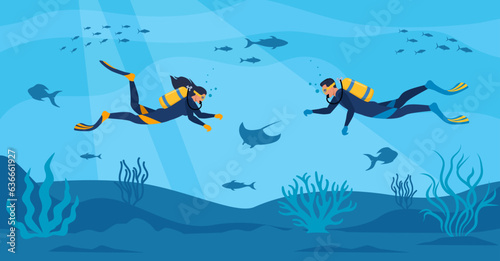 Divers with diving equipment swim in the sea. Seascape banner with people underwater. Characters wearing wetsuit with oxygen tanks and fins. Underwater world. Vector illustration.