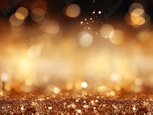 Gold glitter background. Glitter texture with bokeh and shiny lights, shiny metallic gold foil © lin