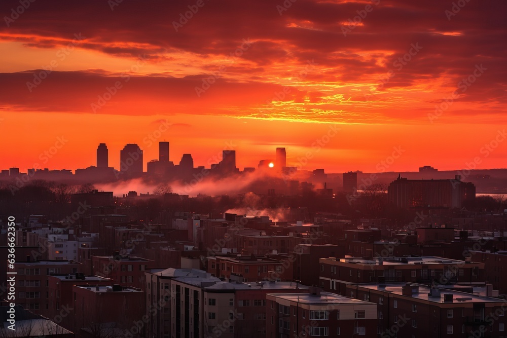  a city skyline at sunset with a beautiful sun setting in the background
