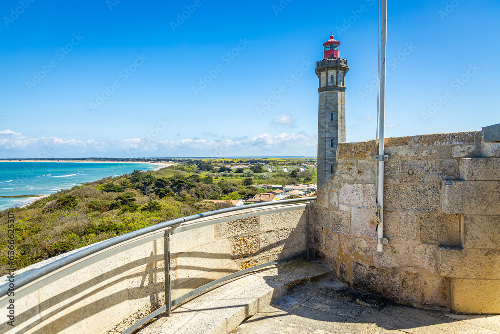 Phare des Baleines lighthouse seen from the catwalk of the old tower on ...