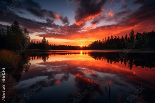  a serene sunset over a calm lake surrounded by tall trees