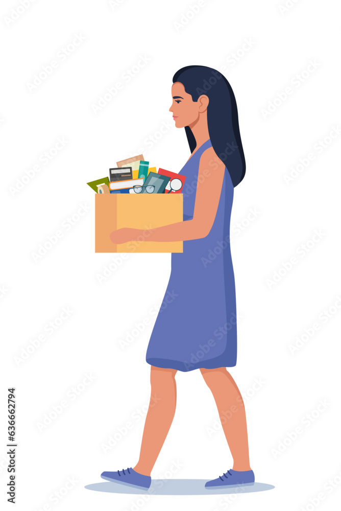 Dismissal, employee replacement. Unhappy woman dismissed from job, leave office with stuff in box. Unemployment dismissal of workers. Layoff, crisis. Vector illustration. Dismissal, employee replacement. Unhappy woman dismissed from job, leave office with stuff in box. Unemployment dismissal of workers. Layoff, crisis. Vector illustration.