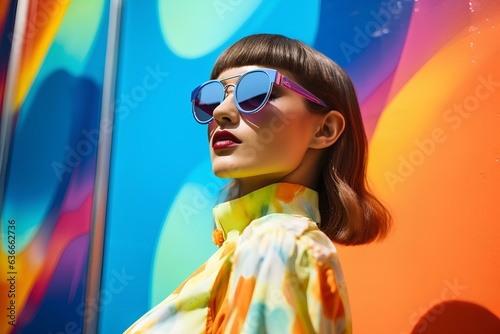 A model posing on a colorful rainbow background in sunglasses, a play of light and shadow.