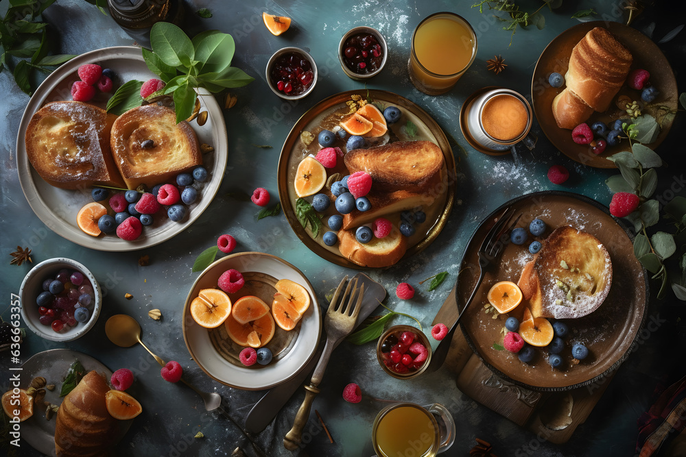 Photo of delicious french toast and fruit on a beautifully set table