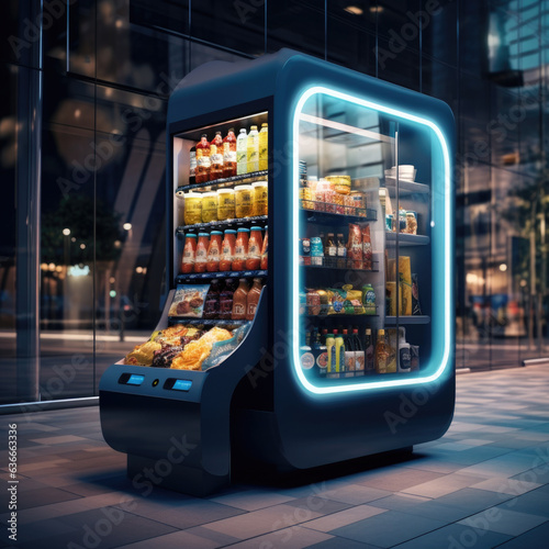 futuristic vending machines full of beverages and snacks vector illustration photo