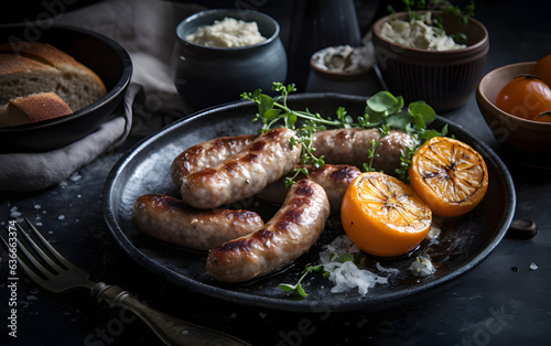 Photo of a delicious breakfast plate with sausages and fresh orange slices
