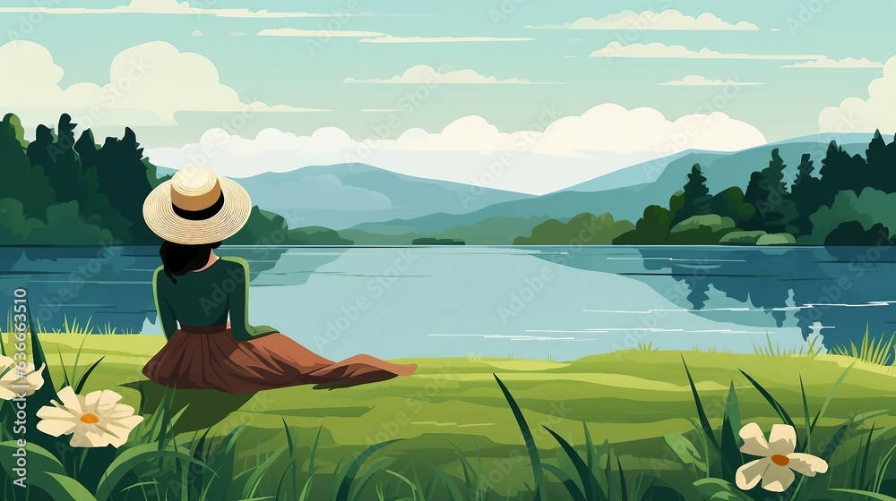 Woman sitting on the grass near a lake illustration AI Generated