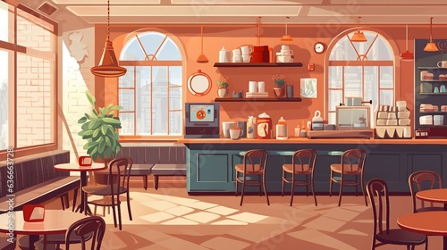 An illustration of a coffee shop interior with tables and chairs AI Generated