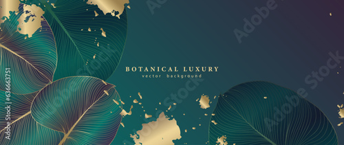 Green luxury botanical background with golden leaves and splashes. Background for decor, wallpapers, covers, postcards and presentations. Frame for text and photo