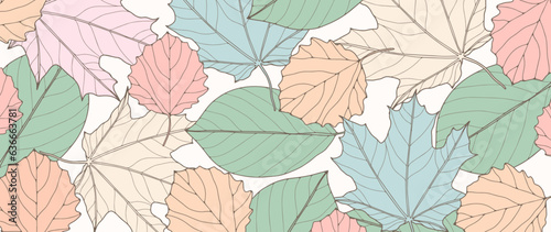 Light autumn botanical background with different leaves. Background for decor, wallpapers, covers, postcards and presentations, social media posts