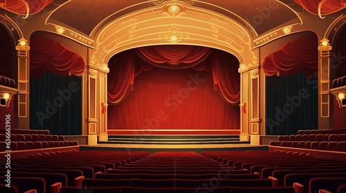 An illustration of empty theater stage with red curtains and seats AI Generated