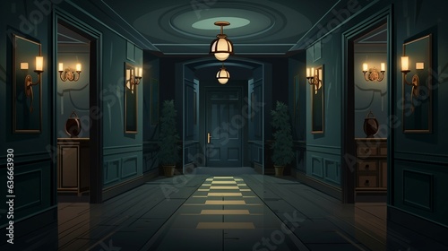 An illustration of dark house hallway interior at night AI Generated