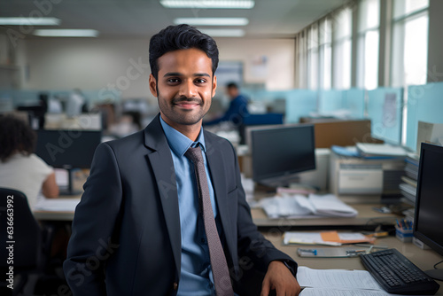 Indian Office Worker of a Law Firm Sitting at a Desk in Front of a Computer