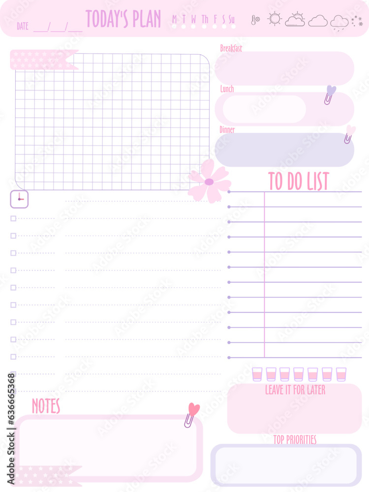 set tags inspiration notepaper design printable . Pink  kawaii pages for tags , weekly notes, diet menu breakfast lunch dinner 