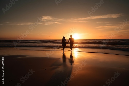 two people walking hand in hand along a sandy beach with gentle waves crashing in the background