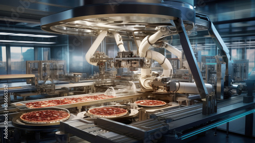 Modern Technology in the Kitchen: An illustration of a futuristic kitchen with self-generative progress and smart AI technology, where robotic machines prepare delicious and healthy meals.