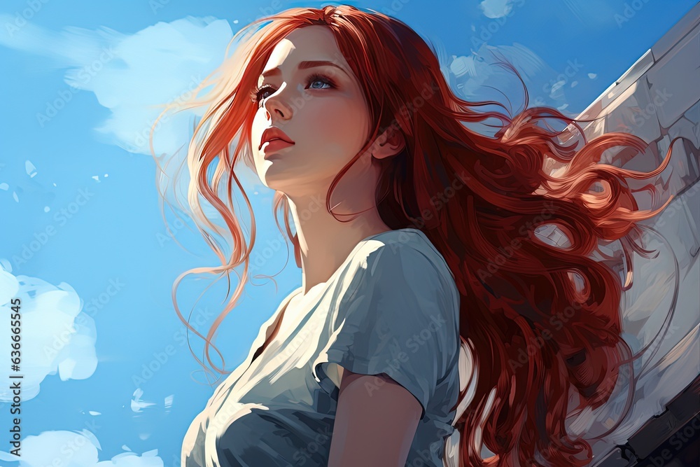 painting style illustration of pretty woman at sunny outdoors blue sky, casual dress, Generative Ai