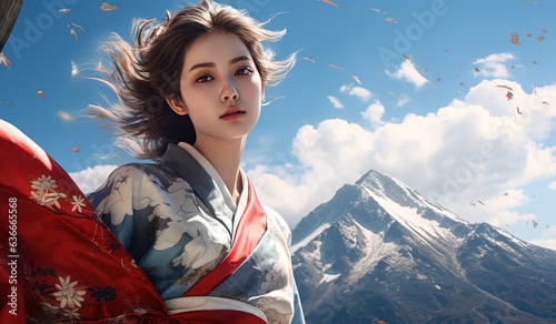 close up portrait of pretty black hair Korean woman with highland mountain peak, view, Generative Ai