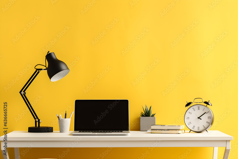yellow work desktop with laptop, lamp, clock and flower vase, minimalist interior design yellow work desktop with laptop, lamp, clock and flower vase, minimalist interior design
